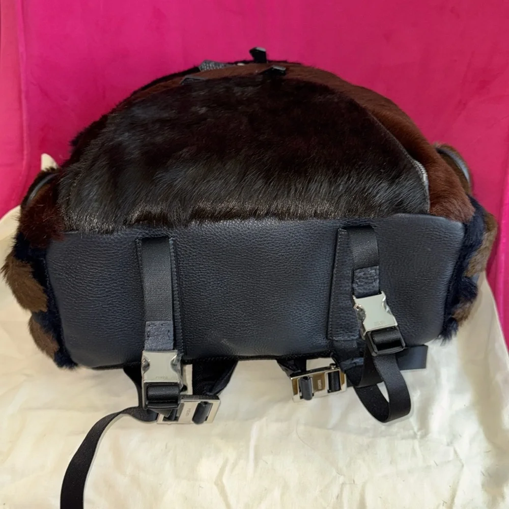 Fendi Black and Brown Fur Backpack travel bag Rucksack runway bag